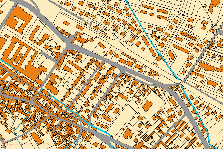 Mapa catastral del centro de Sant'Ambrogio di Torino: parcelas y edificios, cartografía de la Agenzia delle Entrate