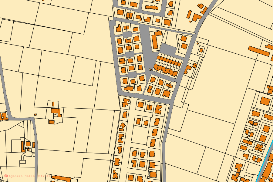 Mapa catastral del centro de Sant'Ilario d'Enza: parcelas y edificios, cartografía de la Agenzia delle Entrate