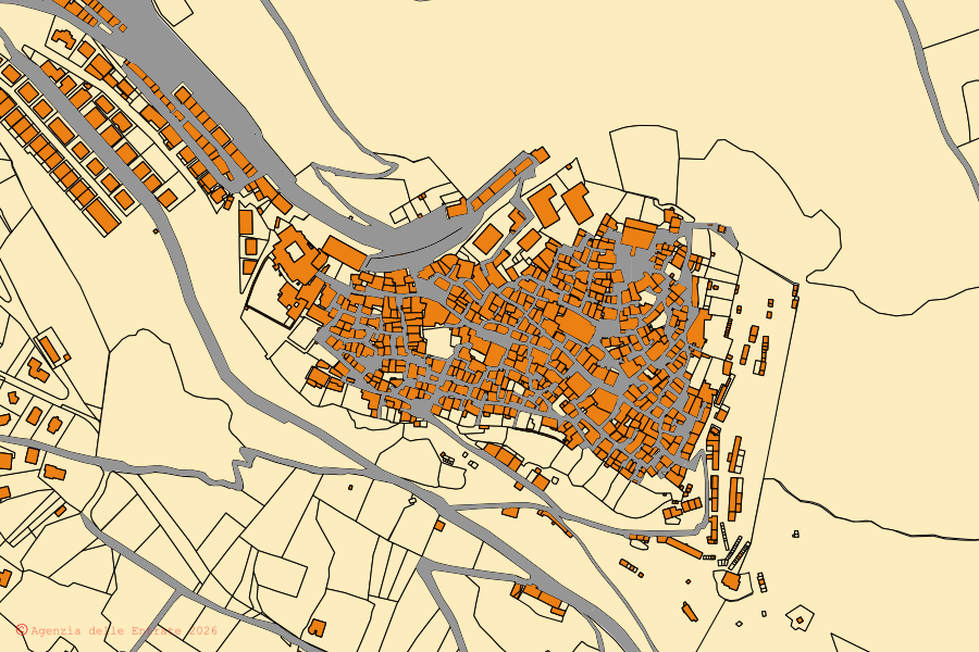 Mapa catastral del centro de Sant'Oreste: parcelas y edificios, cartografía de la Agenzia delle Entrate