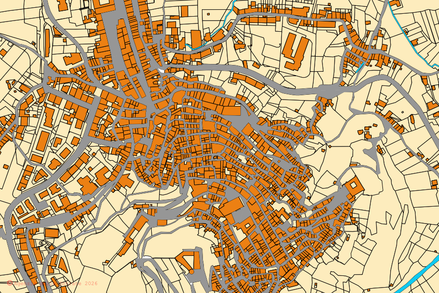 Mapa catastral del centro de Santa Lucia del Mela: parcelas y edificios, cartografía de la Agenzia delle Entrate