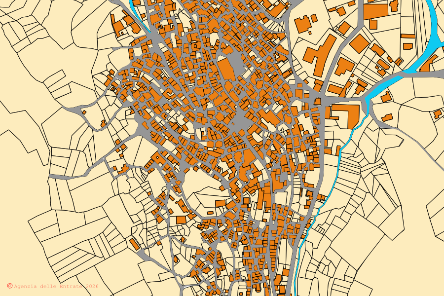 Mapa catastral del centro de Sassano: parcelas y edificios, cartografía de la Agenzia delle Entrate