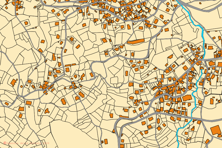 Mapa catastral del centro de Savignone: parcelas y edificios, cartografía de la Agenzia delle Entrate