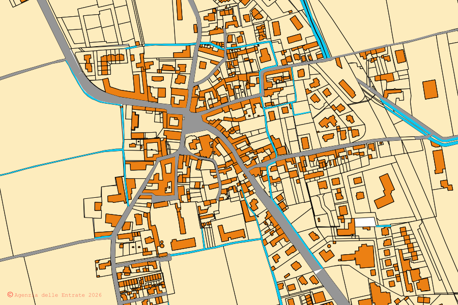 Mapa catastral del centro de Secugnago: parcelas y edificios, cartografía de la Agenzia delle Entrate
