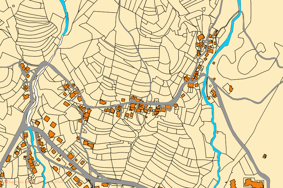 Mapa catastral del centro de Selva di Cadore: parcelas y edificios, cartografía de la Agenzia delle Entrate