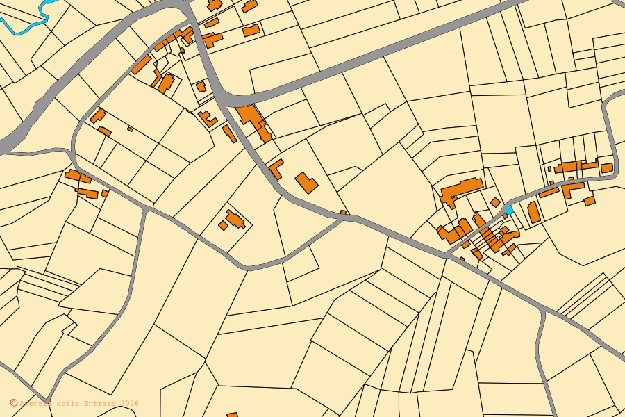 Mapa catastral del centro de Serralunga di Crea: parcelas y edificios, cartografía de la Agenzia delle Entrate