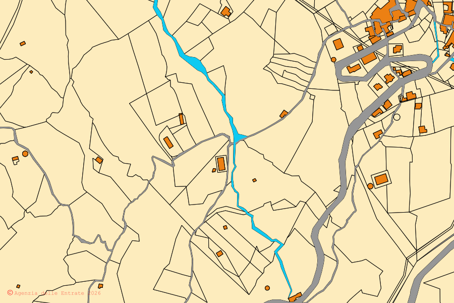 Mapa catastral del centro de Serramezzana: parcelas y edificios, cartografía de la Agenzia delle Entrate