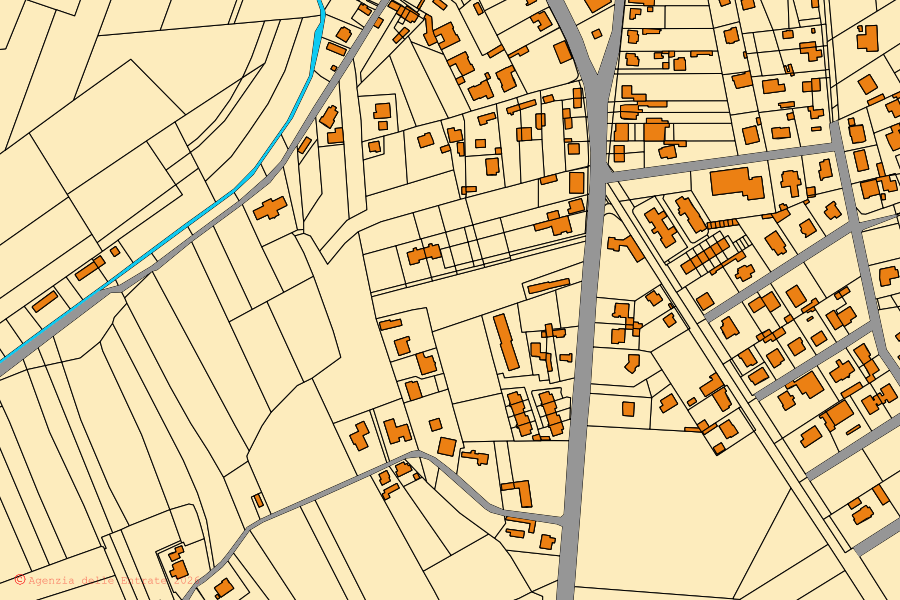 Mapa catastral del centro de Sesto al Reghena: parcelas y edificios, cartografía de la Agenzia delle Entrate