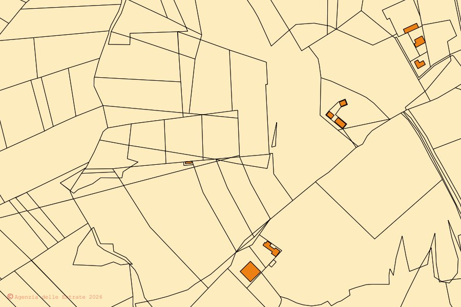 Mapa catastral del centro de Sicignano degli Alburni: parcelas y edificios, cartografía de la Agenzia delle Entrate