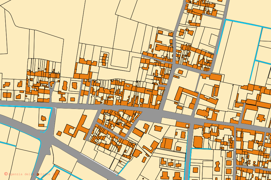 Mapa catastral del centro de Solarolo Rainerio: parcelas y edificios, cartografía de la Agenzia delle Entrate