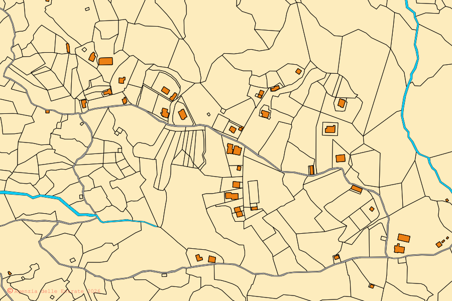 Mapa catastral del centro de Sorianello: parcelas y edificios, cartografía de la Agenzia delle Entrate