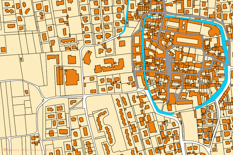 Mapa catastral del centro de Spirano: parcelas y edificios, cartografía de la Agenzia delle Entrate