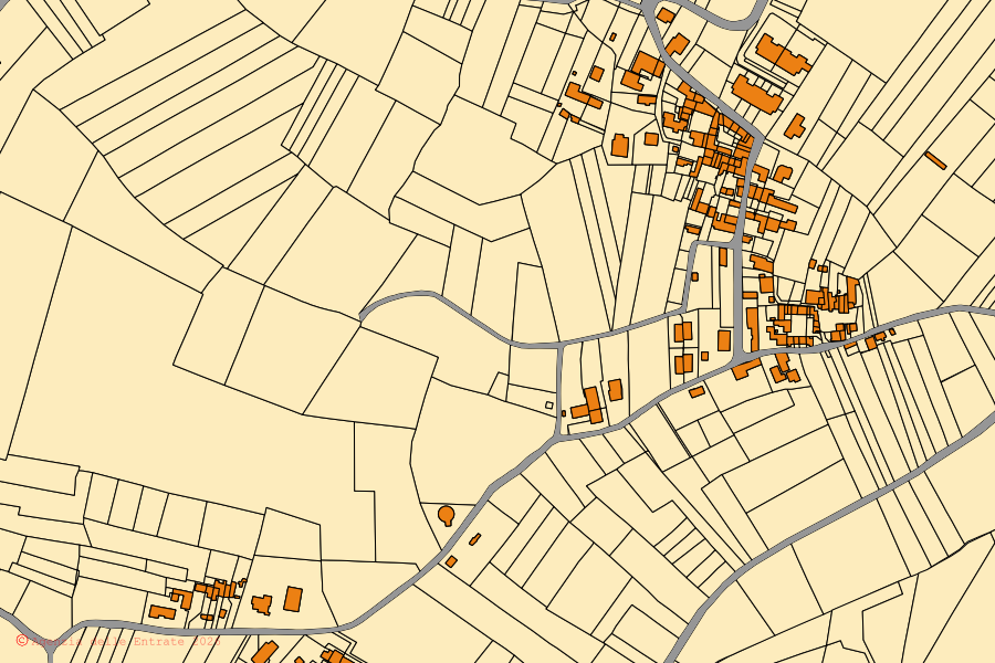 Mapa catastral del centro de Stradella: parcelas y edificios, cartografía de la Agenzia delle Entrate