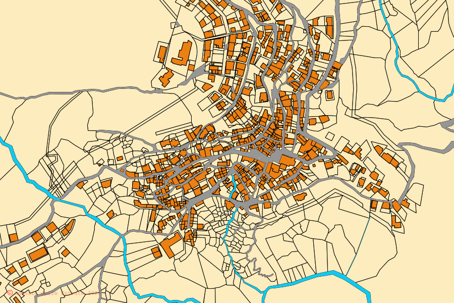 Mapa catastral del centro de Talana: parcelas y edificios, cartografía de la Agenzia delle Entrate