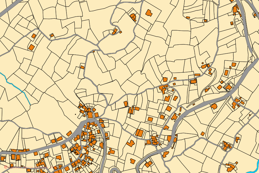 Mapa catastral del centro de Tornolo: parcelas y edificios, cartografía de la Agenzia delle Entrate