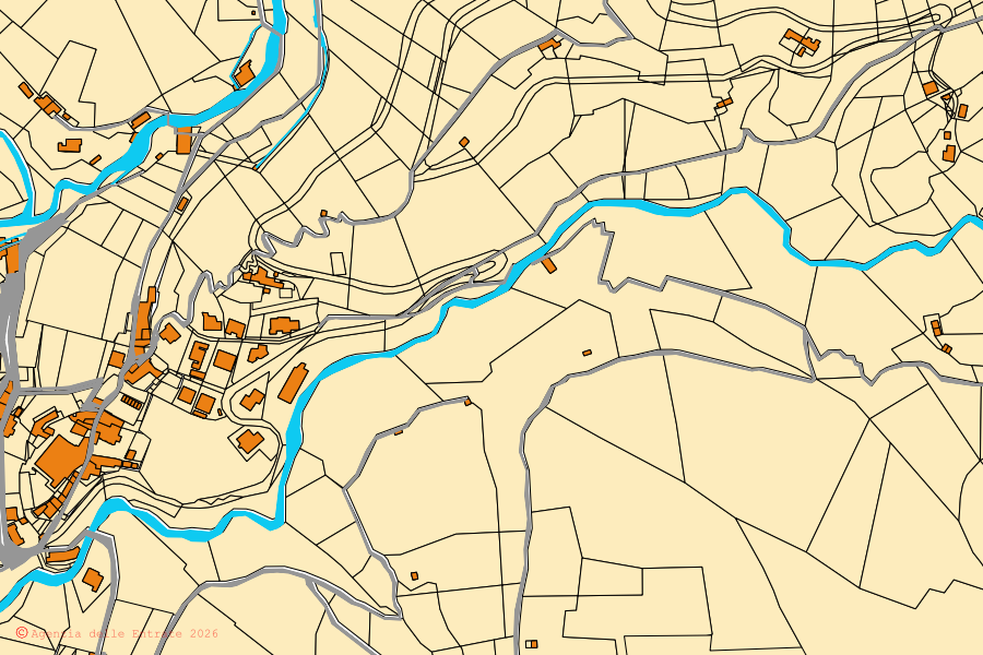 Mapa catastral del centro de Torre de' Busi: parcelas y edificios, cartografía de la Agenzia delle Entrate
