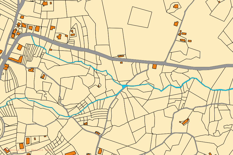 Mapa catastral del centro de Torre di Ruggiero: parcelas y edificios, cartografía de la Agenzia delle Entrate