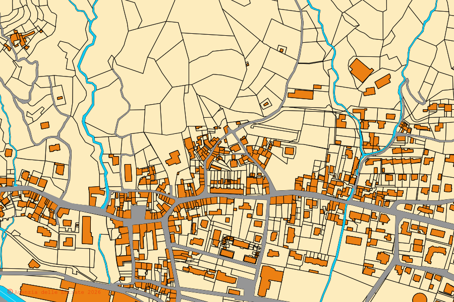 Mapa catastral del centro de Torrebelvicino: parcelas y edificios, cartografía de la Agenzia delle Entrate