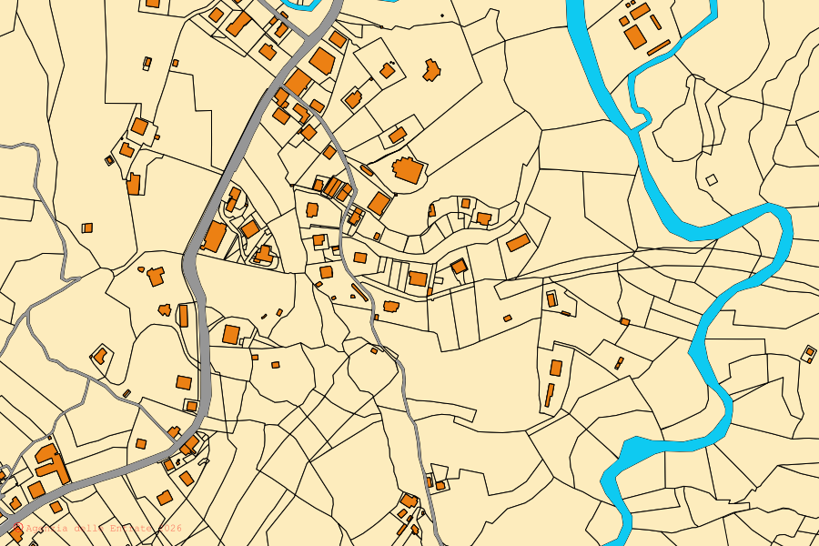 Mapa catastral del centro de Torriglia: parcelas y edificios, cartografía de la Agenzia delle Entrate