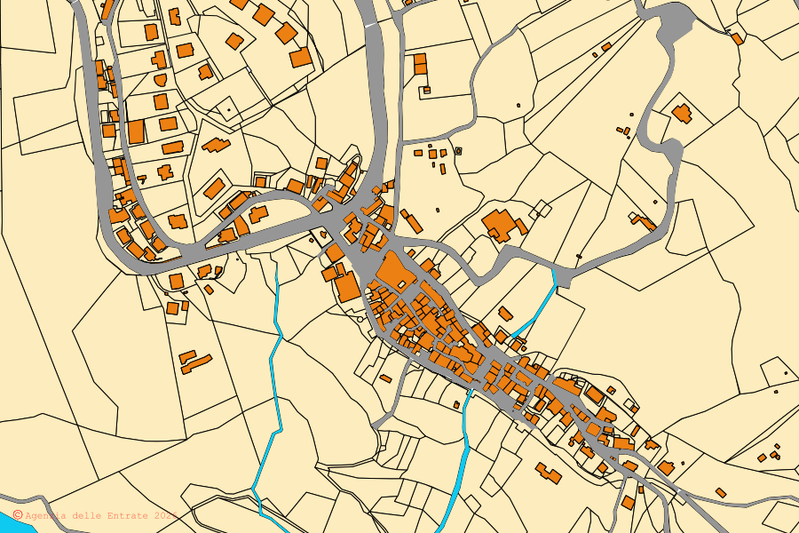 Mapa catastral del centro de Torrita Tiberina: parcelas y edificios, cartografía de la Agenzia delle Entrate