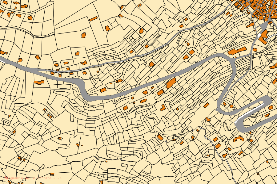 Mapa catastral del centro de Trarego Viggiona: parcelas y edificios, cartografía de la Agenzia delle Entrate
