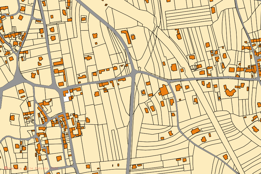 Mapa catastral del centro de Travesio: parcelas y edificios, cartografía de la Agenzia delle Entrate
