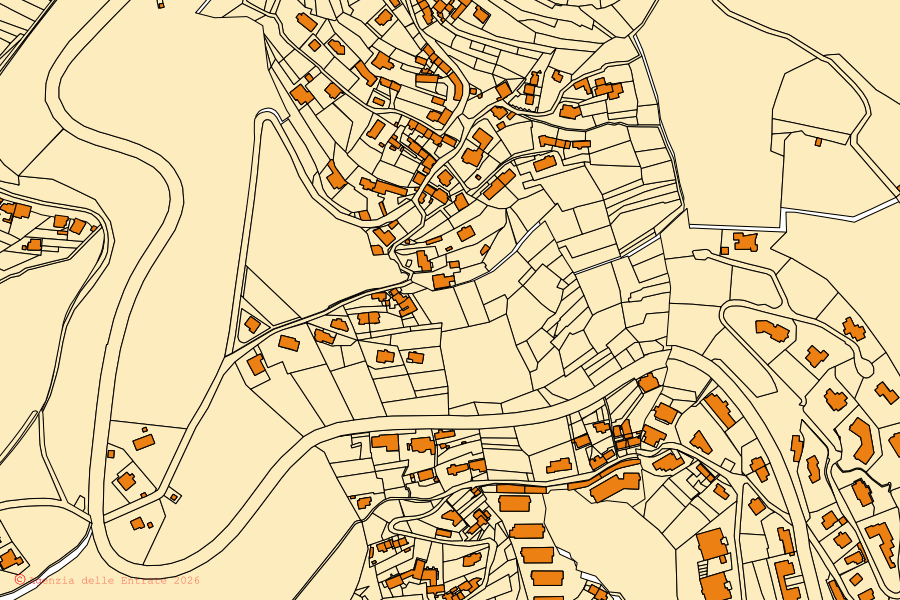 Mapa catastral del centro de Trieste: parcelas y edificios, cartografía de la Agenzia delle Entrate