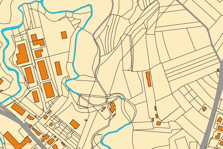 Mapa catastral del centro de Trinità: parcelas y edificios, cartografía de la Agenzia delle Entrate
