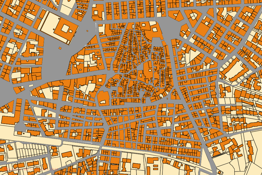 Mapa catastral del centro de Turi: parcelas y edificios, cartografía de la Agenzia delle Entrate