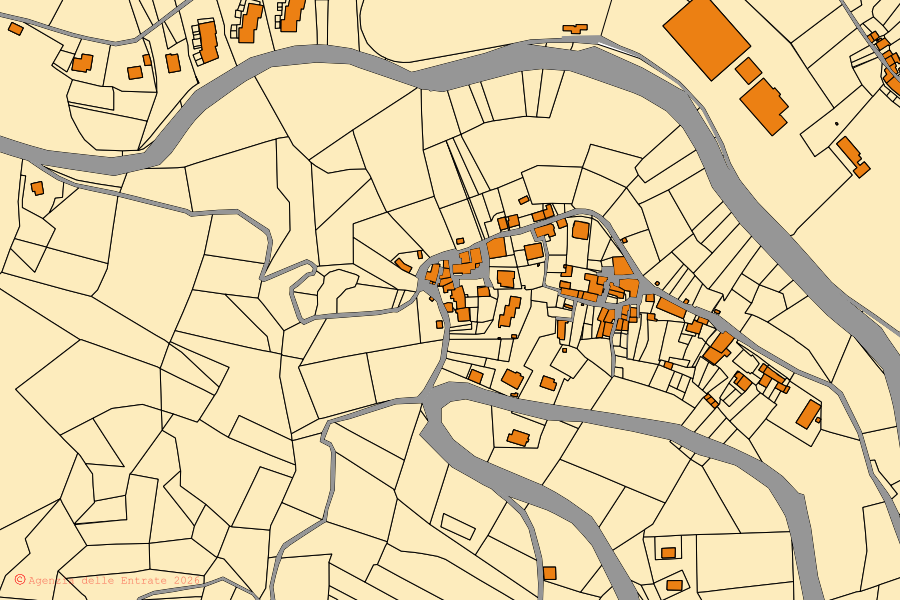 Mapa catastral del centro de Ussita: parcelas y edificios, cartografía de la Agenzia delle Entrate