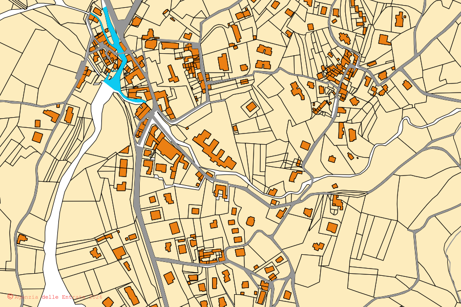 Mapa catastral del centro de Valganna: parcelas y edificios, cartografía de la Agenzia delle Entrate