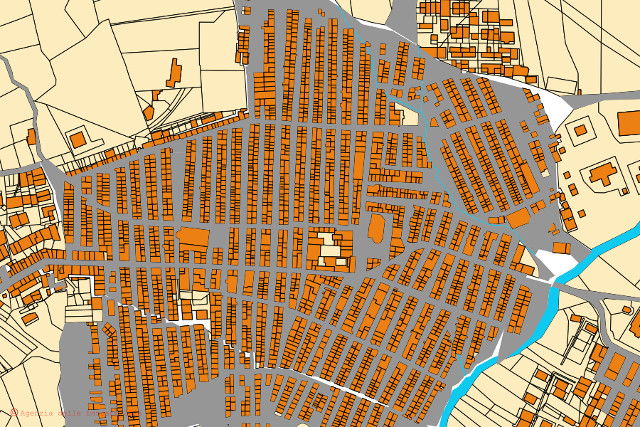 Mapa catastral del centro de Valledolmo: parcelas y edificios, cartografía de la Agenzia delle Entrate