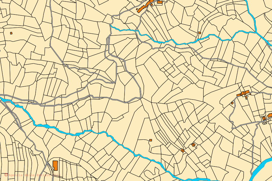 Mapa catastral del centro de Valli del Pasubio: parcelas y edificios, cartografía de la Agenzia delle Entrate