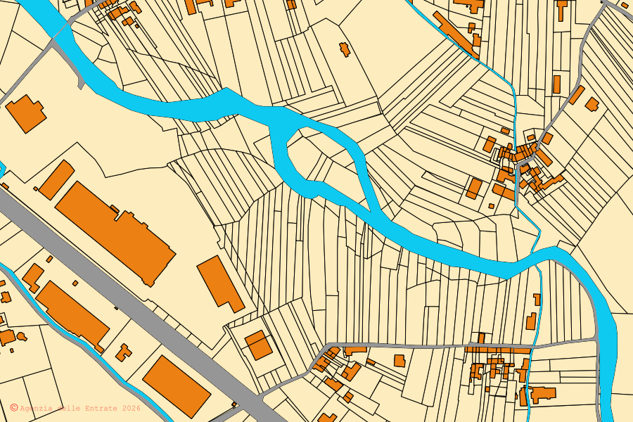 Mapa catastral del centro de Valperga: parcelas y edificios, cartografía de la Agenzia delle Entrate
