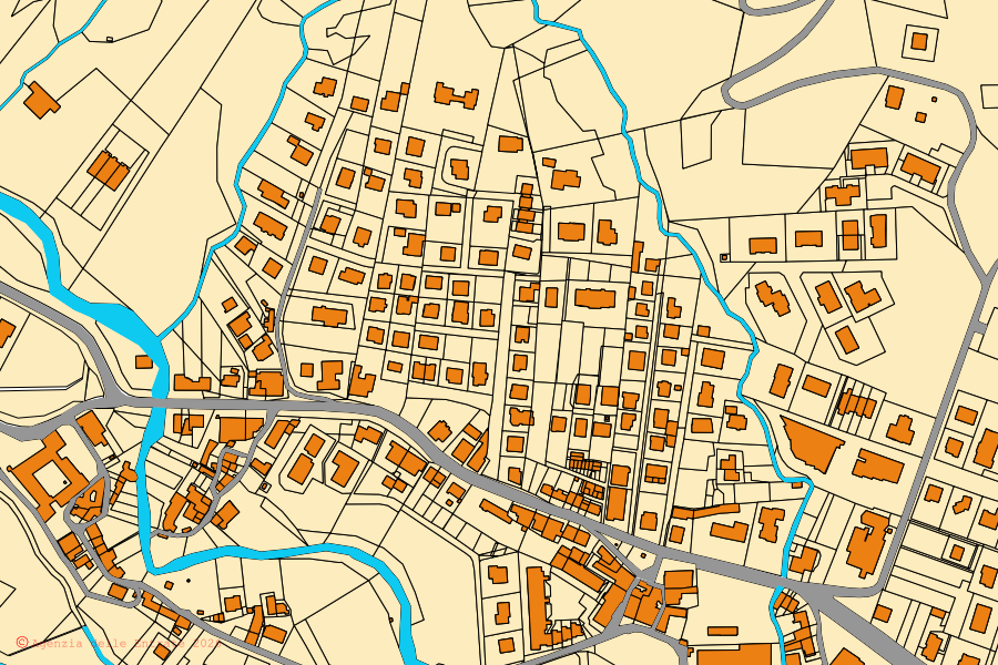 Mapa catastral del centro de Varano de' Melegari: parcelas y edificios, cartografía de la Agenzia delle Entrate