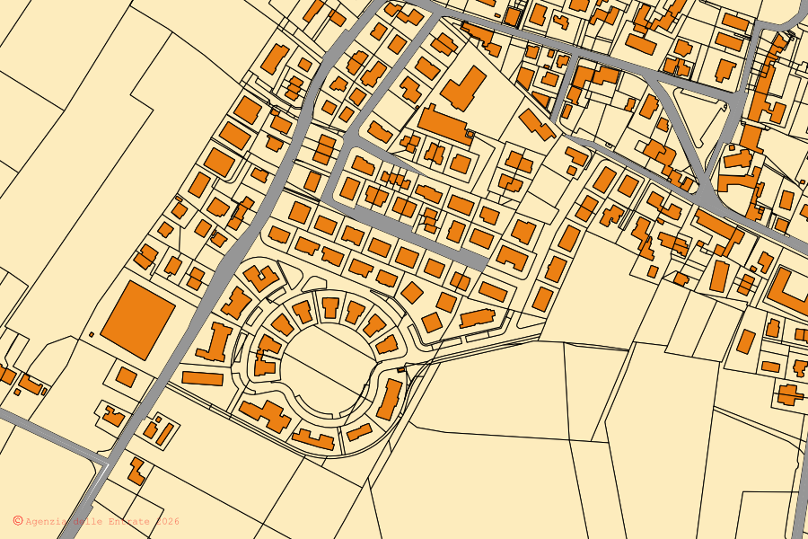 Mapa catastral del centro de Veggiano: parcelas y edificios, cartografía de la Agenzia delle Entrate