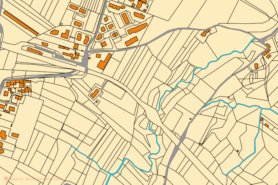 Mapa catastral del centro de Velo d'Astico: parcelas y edificios, cartografía de la Agenzia delle Entrate