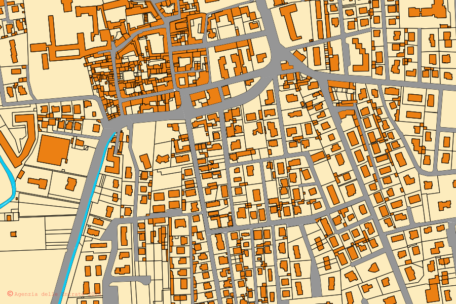 Mapa catastral del centro de Verdello: parcelas y edificios, cartografía de la Agenzia delle Entrate