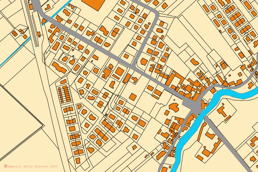 Mapa catastral del centro de Villanova sull'Arda: parcelas y edificios, cartografía de la Agenzia delle Entrate