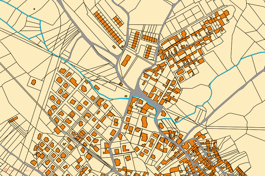 Mapa catastral del centro de Villanova Tulo: parcelas y edificios, cartografía de la Agenzia delle Entrate
