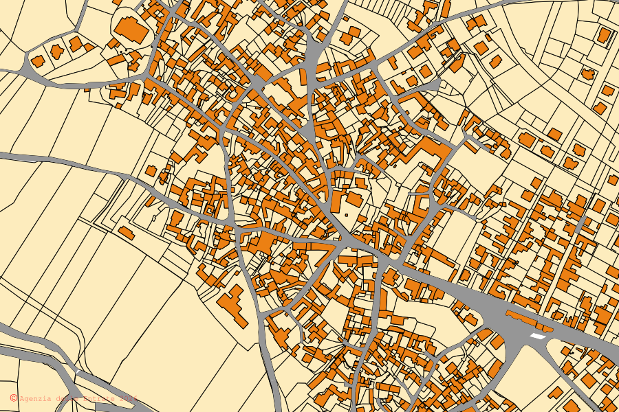 Mapa catastral del centro de Villanovafranca: parcelas y edificios, cartografía de la Agenzia delle Entrate