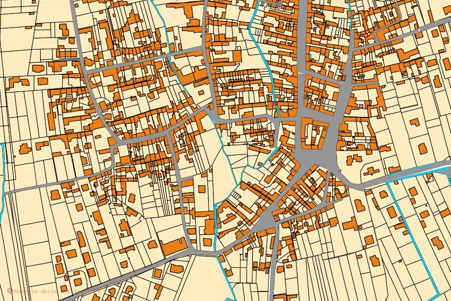 Mapa catastral del centro de Villata: parcelas y edificios, cartografía de la Agenzia delle Entrate