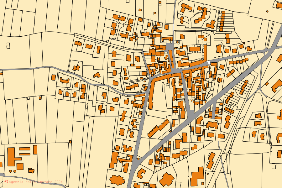 Mapa catastral del centro de Vimercate: parcelas y edificios, cartografía de la Agenzia delle Entrate