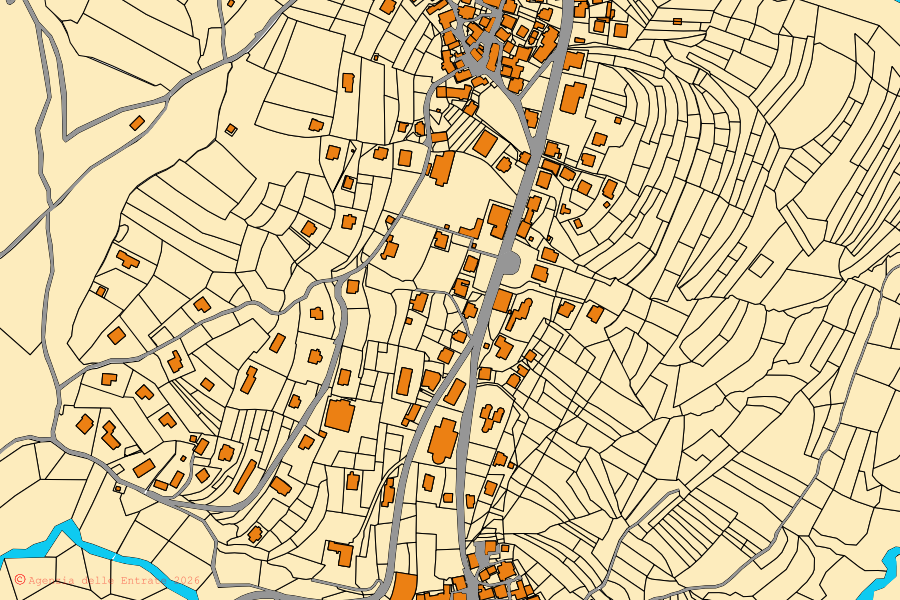 Mapa catastral del centro de Voltago Agordino: parcelas y edificios, cartografía de la Agenzia delle Entrate
