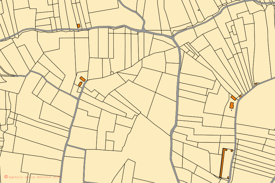Mapa catastral del centro de Ziano Piacentino: parcelas y edificios, cartografía de la Agenzia delle Entrate