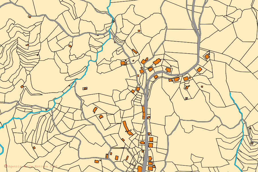 Mapa catastral del centro de Zignago: parcelas y edificios, cartografía de la Agenzia delle Entrate