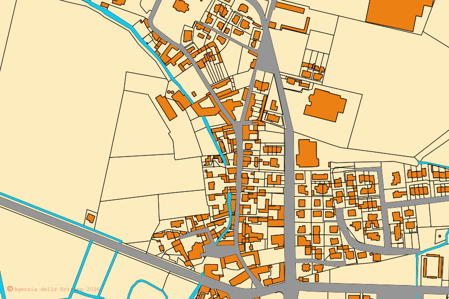 Plan cadastral du centre de Acquanegra Cremonese : parcelles et bâtiments, cartographie de l'Agenzia delle Entrate