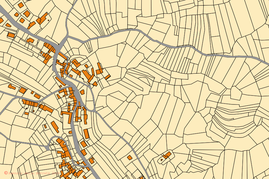Plan cadastral du centre de Aramengo : parcelles et bâtiments, cartographie de l'Agenzia delle Entrate