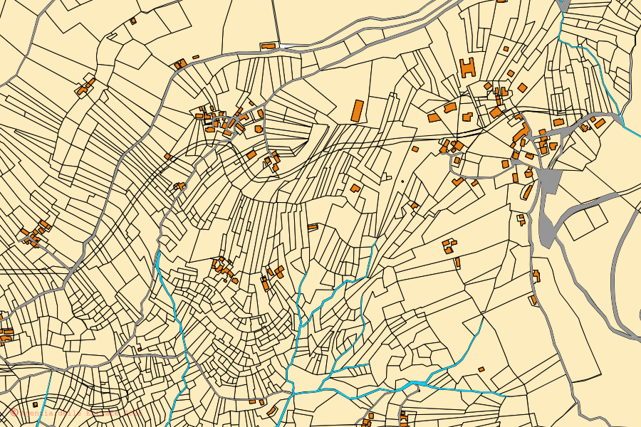 Plan cadastral du centre de Aurano : parcelles et bâtiments, cartographie de l'Agenzia delle Entrate