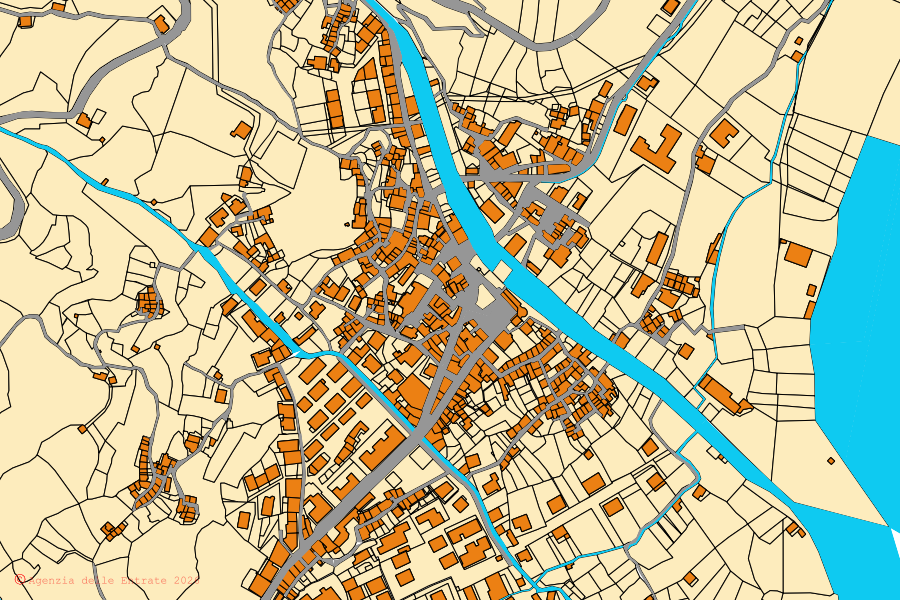 Plan cadastral du centre de Bagaladi : parcelles et bâtiments, cartographie de l'Agenzia delle Entrate