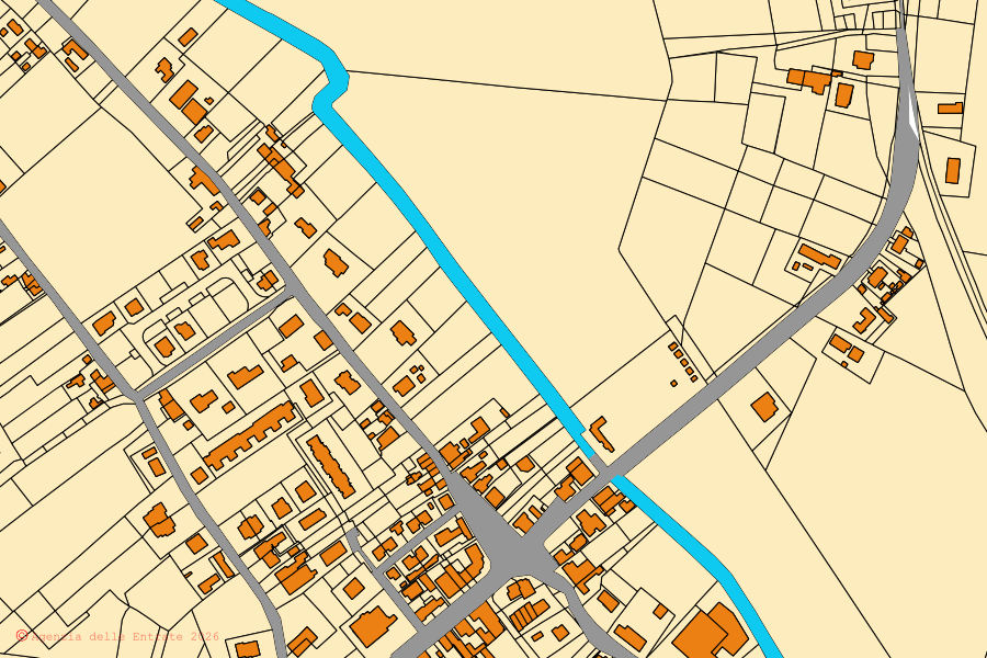 Plan cadastral du centre de Bagnolo di Po : parcelles et bâtiments, cartographie de l'Agenzia delle Entrate